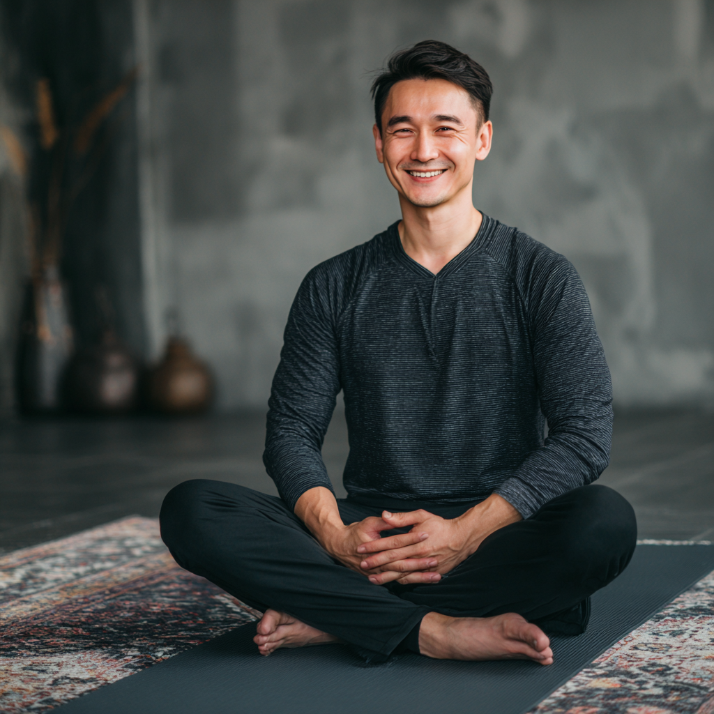 Smiling Kazakh woman in her 30s practicing yoga outdoors in peaceful natural setting