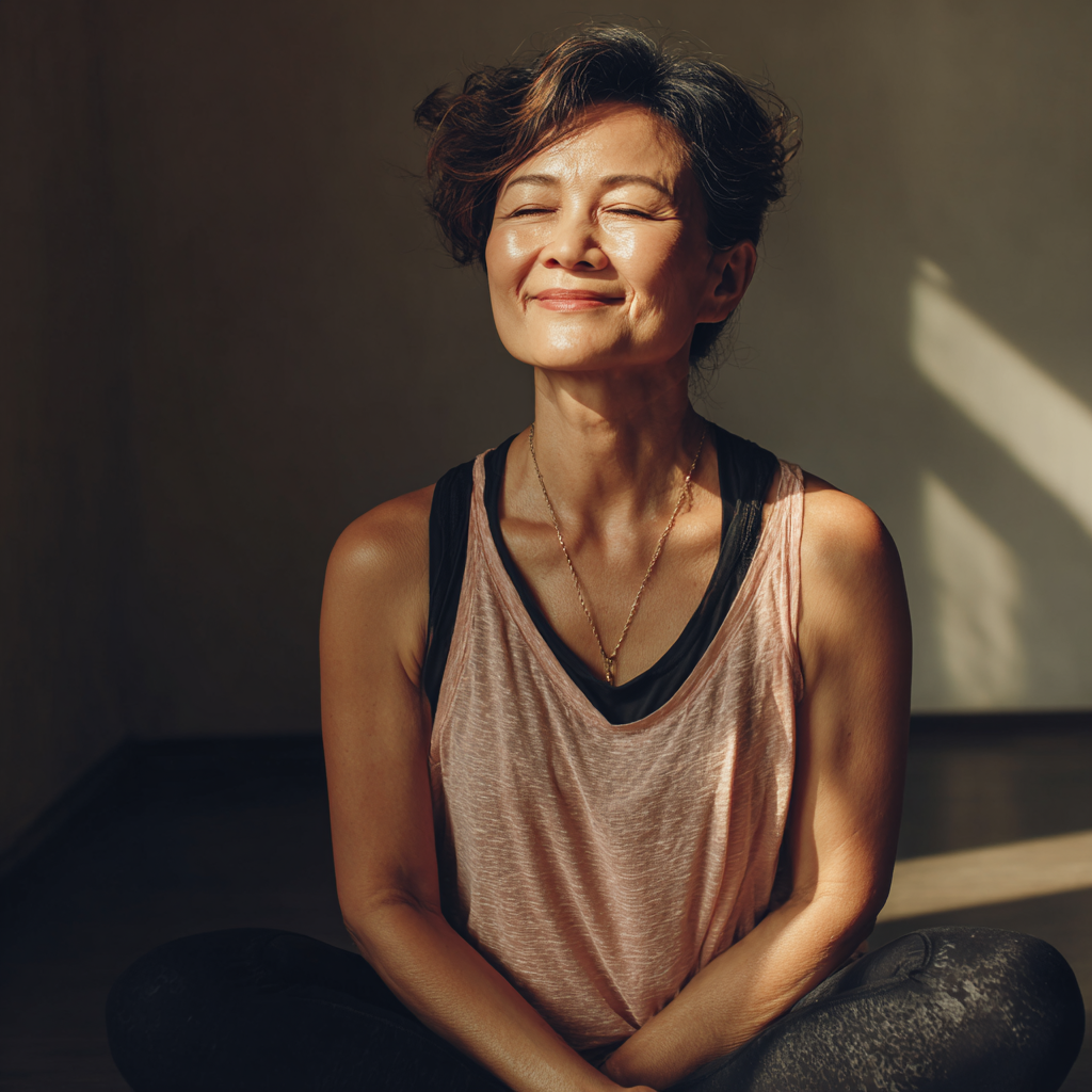 Peaceful Kazakh elder man in meditation pose with serene expression in natural garden setting